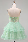 Strapless Sparkly A Line Tiered Mint Green Tulle Mini Homecoming Dress