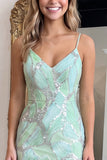 Sparkly Bodycon Mint Green V-neck Mini Homecoming Dress