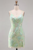 Sparkly Bodycon Mint Green V-neck Mini Homecoming Dress