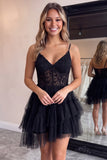 Corset A Line Dark Purple Lace Tiered V-neck Tulle Mini Homecoming Dress