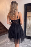 Corset A Line Dark Purple Lace Tiered V-neck Tulle Mini Homecoming Dress