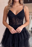 Corset A Line Dark Purple Lace Tiered V-neck Tulle Mini Homecoming Dress
