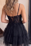 Corset A Line Dark Purple Lace Tiered V-neck Tulle Mini Homecoming Dress