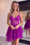 Corset A Line Dark Purple Lace Tiered V-neck Tulle Mini Homecoming Dress