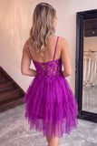 Corset A Line Dark Purple Lace Tiered V-neck Tulle Mini Homecoming Dress