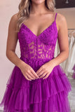 Corset A Line Dark Purple Lace Tiered V-neck Tulle Mini Homecoming Dress