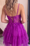 Corset A Line Dark Purple Lace Tiered V-neck Tulle Mini Homecoming Dress