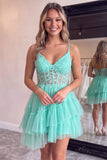 Corset A Line Dark Purple Lace Tiered V-neck Tulle Mini Homecoming Dress