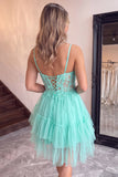 Corset A Line Dark Purple Lace Tiered V-neck Tulle Mini Homecoming Dress