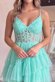 Corset A Line Dark Purple Lace Tiered V-neck Tulle Mini Homecoming Dress