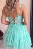 Corset A Line Dark Purple Lace Tiered V-neck Tulle Mini Homecoming Dress