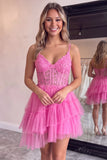 Corset A Line Dark Purple Lace Tiered V-neck Tulle Mini Homecoming Dress