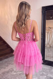 Corset A Line Dark Purple Lace Tiered V-neck Tulle Mini Homecoming Dress