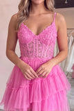 Corset A Line Dark Purple Lace Tiered V-neck Tulle Mini Homecoming Dress