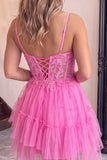 Corset A Line Dark Purple Lace Tiered V-neck Tulle Mini Homecoming Dress