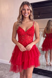 Corset A Line Dark Purple Lace Tiered V-neck Tulle Mini Homecoming Dress