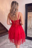Corset A Line Dark Purple Lace Tiered V-neck Tulle Mini Homecoming Dress