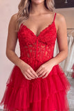 Corset A Line Dark Purple Lace Tiered V-neck Tulle Mini Homecoming Dress