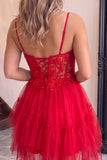 Corset A Line Dark Purple Lace Tiered V-neck Tulle Mini Homecoming Dress