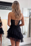 Strapless Corset A Line Pink Floral Tiered Tulle Mini Homecoming Dress