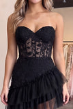 Strapless Corset A Line Pink Floral Tiered Tulle Mini Homecoming Dress