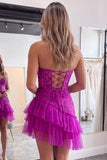 Strapless Corset A Line Pink Floral Tiered Tulle Mini Homecoming Dress