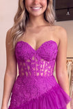Strapless Corset A Line Pink Floral Tiered Tulle Mini Homecoming Dress