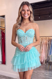 Strapless Corset A Line Pink Floral Tiered Tulle Mini Homecoming Dress