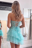 Strapless Corset A Line Pink Floral Tiered Tulle Mini Homecoming Dress