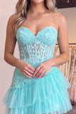 Strapless Corset A Line Pink Floral Tiered Tulle Mini Homecoming Dress
