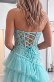 Strapless Corset A Line Pink Floral Tiered Tulle Mini Homecoming Dress