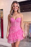 Strapless Corset A Line Pink Floral Tiered Tulle Mini Homecoming Dress