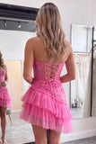 Strapless Corset A Line Pink Floral Tiered Tulle Mini Homecoming Dress