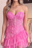 Strapless Corset A Line Pink Floral Tiered Tulle Mini Homecoming Dress