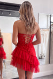 Strapless Corset A Line Pink Floral Tiered Tulle Mini Homecoming Dress