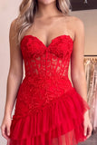 Strapless Corset A Line Pink Floral Tiered Tulle Mini Homecoming Dress