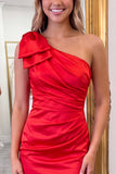 One Shoulder Bodycon Red Mini Homecoming Dress With Bow