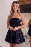 Strapless Sparkly A Line Hot Pink Mini Homecoming Dress With Bow