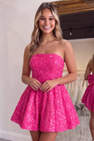 Strapless Sparkly A Line Hot Pink Mini Homecoming Dress With Bow