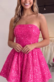 Strapless Sparkly A Line Hot Pink Mini Homecoming Dress With Bow