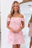 Off The Shoulder Light Pink A Line Mini Homecoming Dress With 3D Flowers