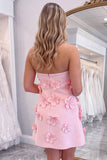 Strapless A Line Pink Mini Homecoming Dress With 3D Flowers