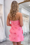 Strapless A Line Pink Mini Homecoming Dress With 3D Flowers