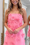 Strapless A Line Pink Mini Homecoming Dress With 3D Flowers