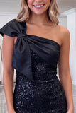 One Shoulder Bodycon Sparkly Little Black Dress With Bow