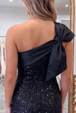 One Shoulder Bodycon Sparkly Little Black Dress With Bow