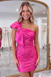 One Shoulder Bodycon Sparkly Little Black Dress With Bow