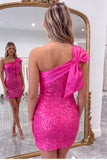 One Shoulder Bodycon Sparkly Little Black Dress With Bow