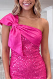 One Shoulder Bodycon Sparkly Little Black Dress With Bow