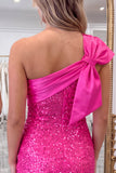 One Shoulder Bodycon Sparkly Little Black Dress With Bow